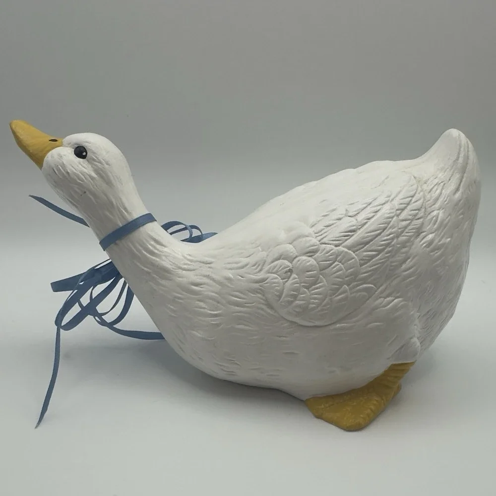Vintage Ceramic Goose Figurine Blue Ribbon Bow Farmhouse Country Decor 4.5x8